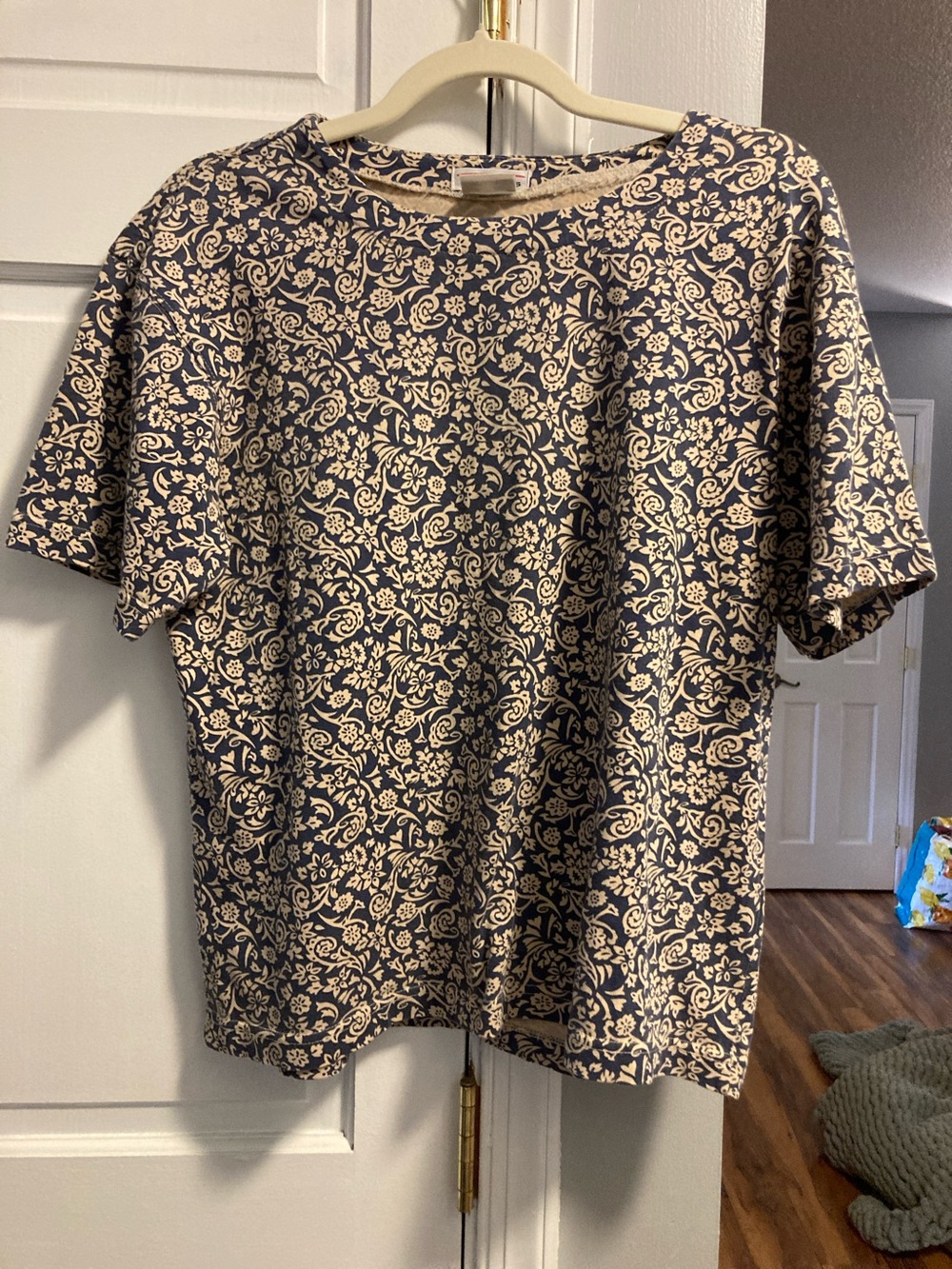 Talbots Navy and Cream Floral-Print Short Sleeve Shirt